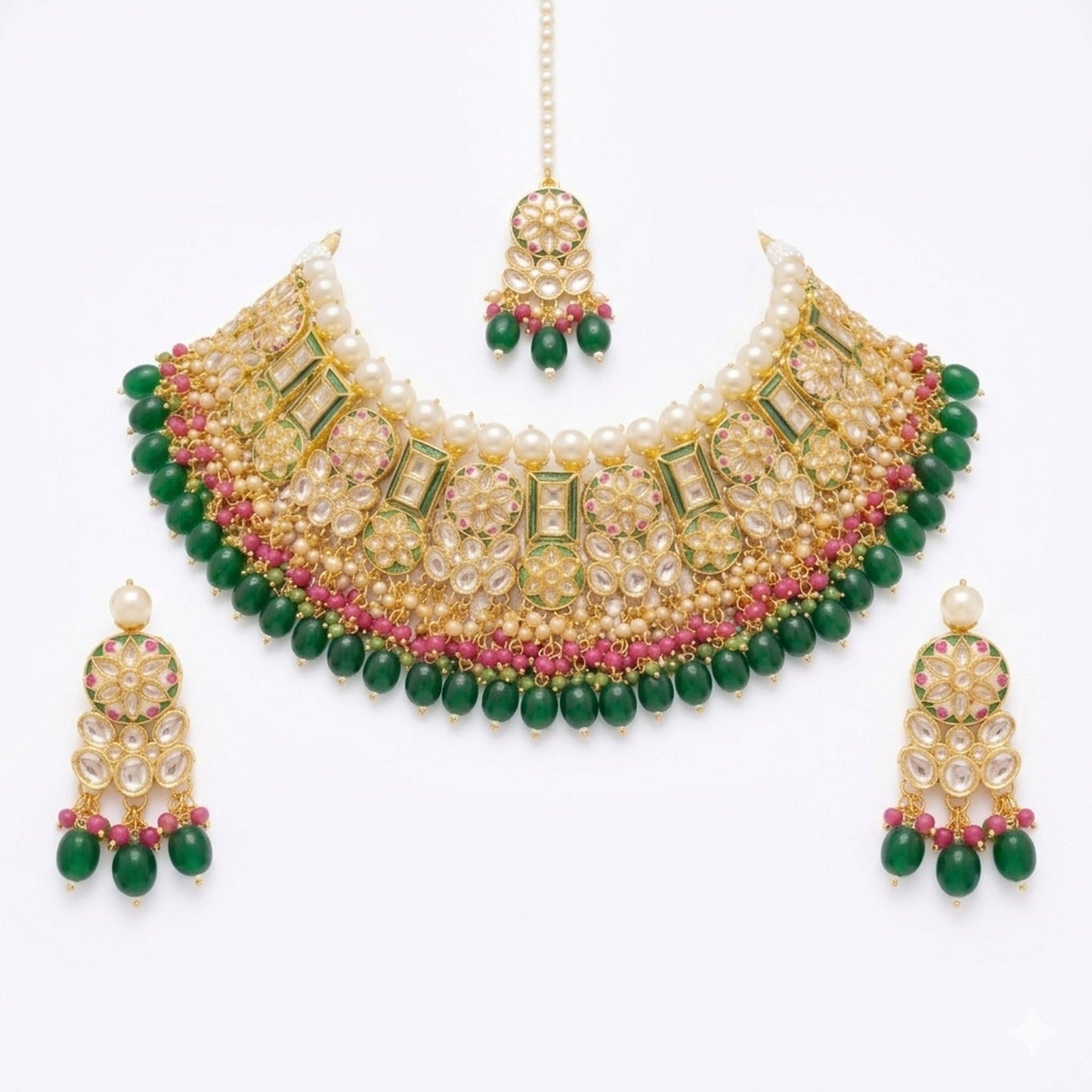Jewel City Exquisite Gold-Plated Kundan Bridal Choker Set with Emerald Green Beads - Traditional Ethnic Indian Jewelry