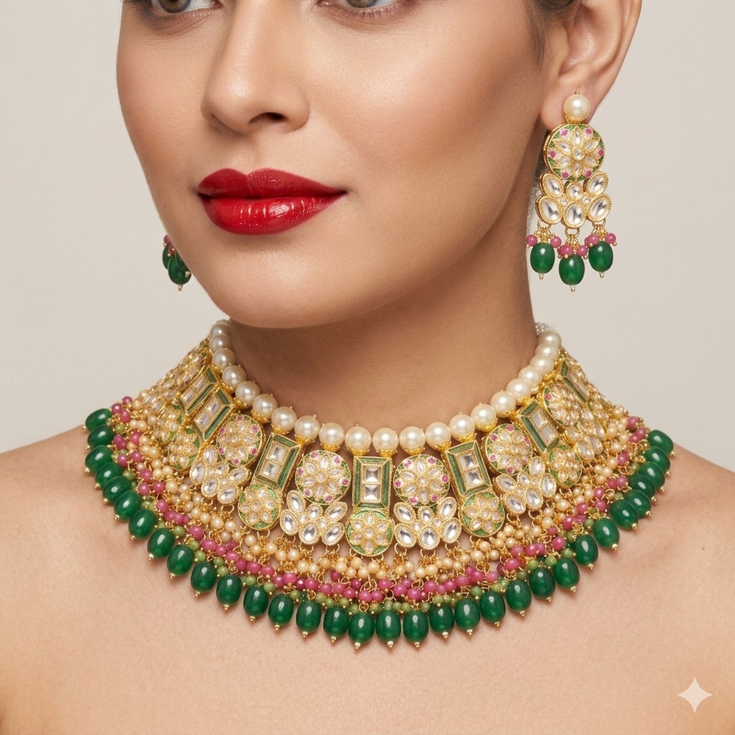 Jewel City Exquisite Gold-Plated Kundan Bridal Choker Set with Emerald Green Beads - Traditional Ethnic Indian Jewelry