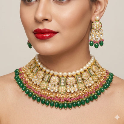 Jewel City Exquisite Gold-Plated Kundan Bridal Choker Set with Emerald Green Beads - Traditional Ethnic Indian Jewelry