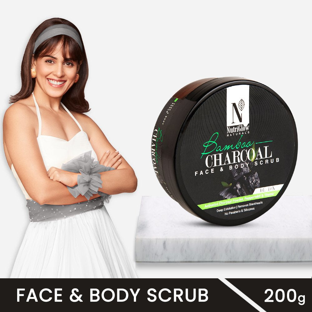 NutriGlow NATURAL'S Bamboo Charcoal Face & Body Scrub - 200 gms