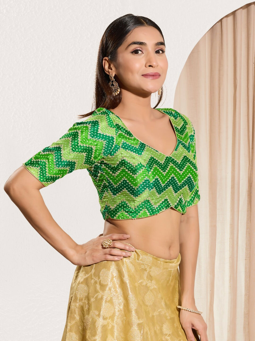 Joban Fashion Parrot Green Chiffon Padded Blouse With Square Neck Elbow Sleeves