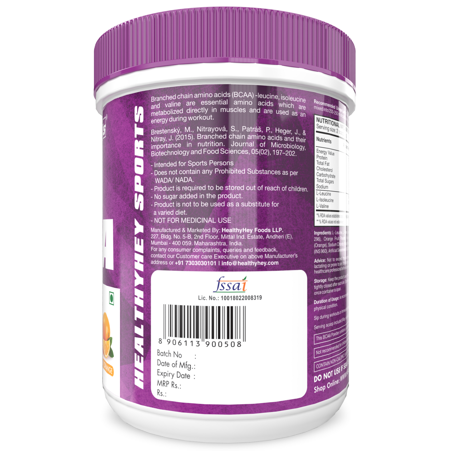 HealthyHey BCAA Powder 2:1:1 - Tangy Orange - 250 gms