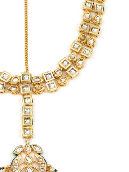Gold-Polished White Green Kundan-Studded Pearl Beaded Matha Patti - Ruby Raang