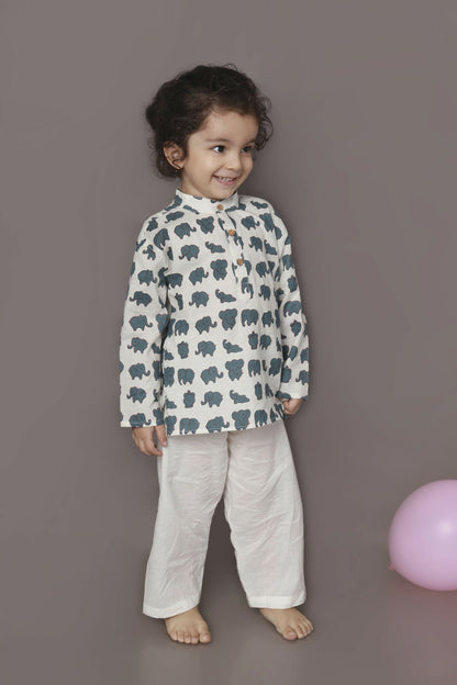 Breathables Kids Cotton Night Suit – White Elephant Print Kurta & Pyjama Co-Ord Set For Boys & Girls