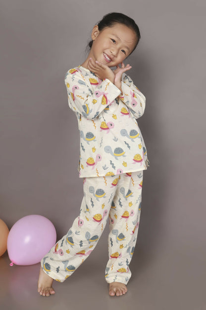 Breathables Kids Cotton Turtle Print Co-Ord Night Suit – White & Multi-Color