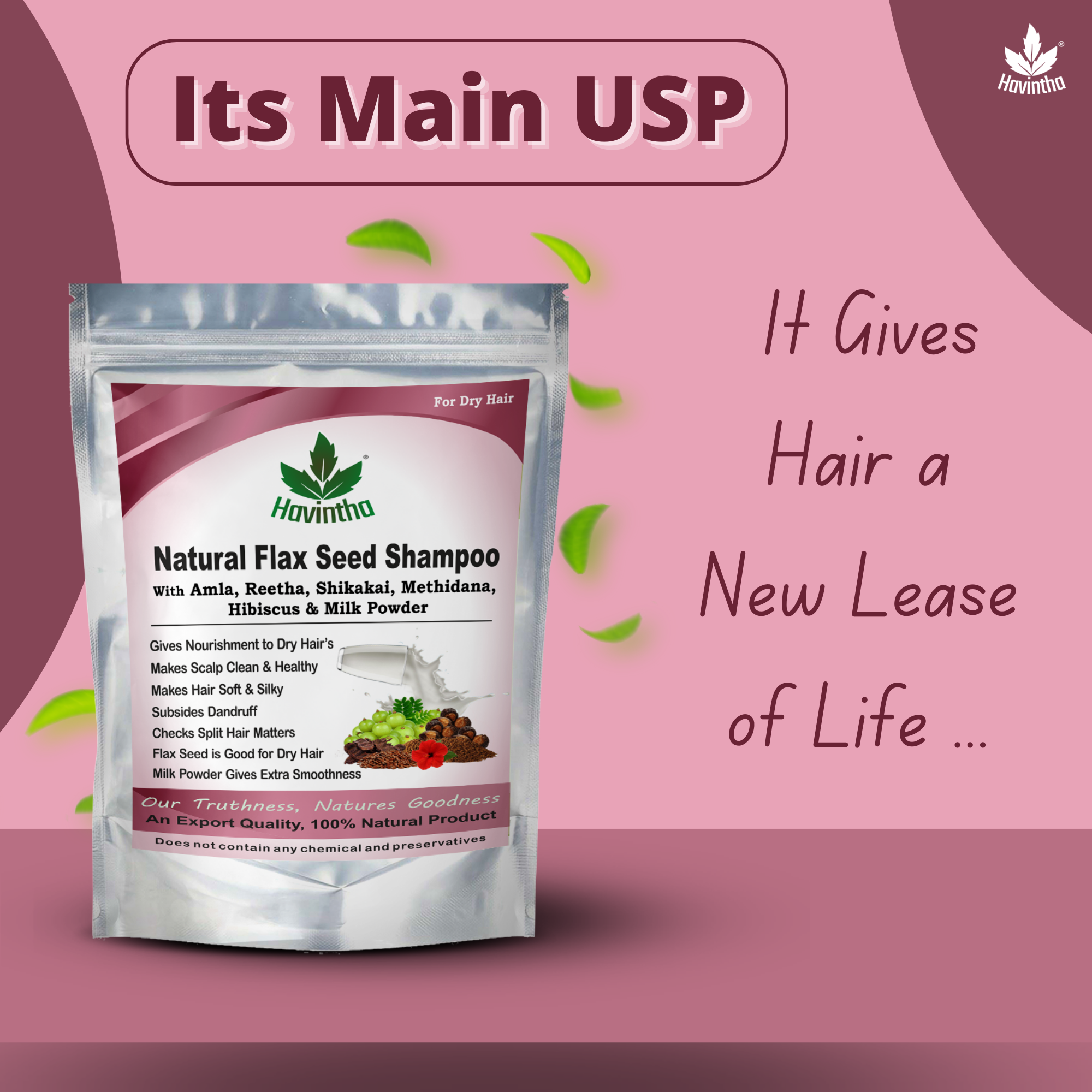 Havintha Natural Flaxseed Shampoo with Amla Reetha Shikakai Methidana Hibiscus and Milk Powder for Dry Hair - 227gm