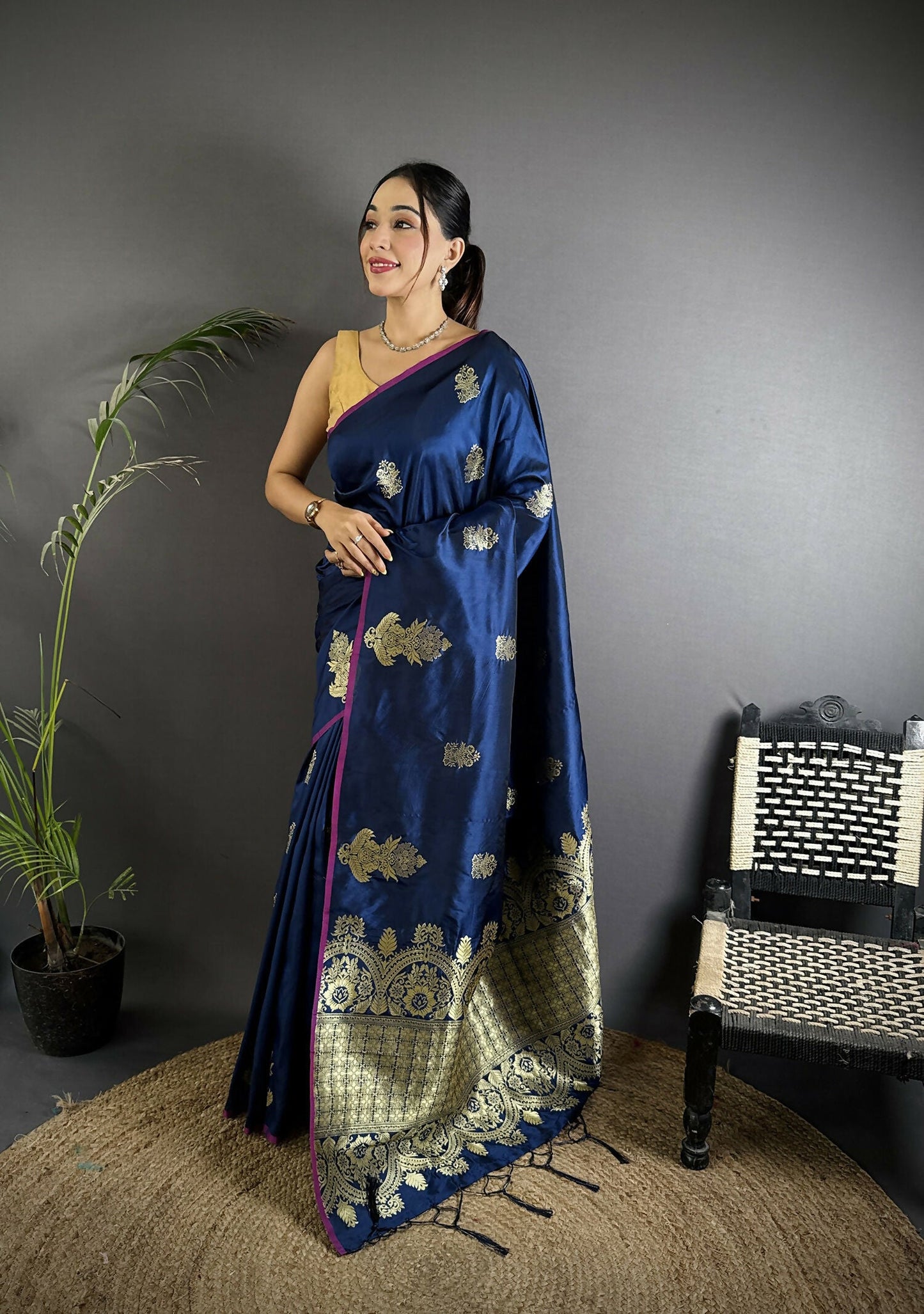 Joban Fashion Navy Blue Banarasi Lichi Silk Gold Zari Meena Saree