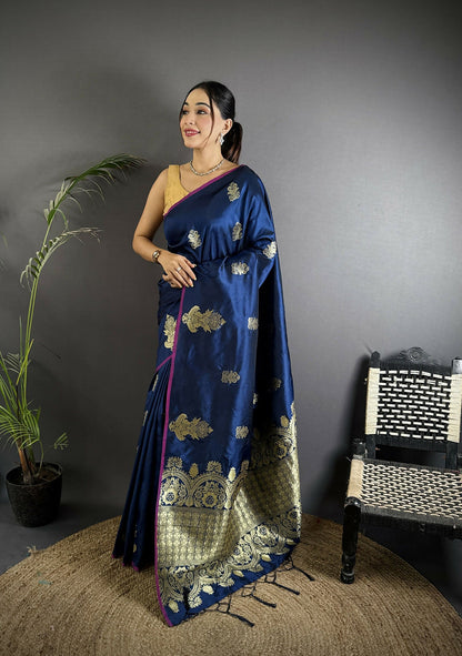 Joban Fashion Navy Blue Banarasi Lichi Silk Gold Zari Meena Saree