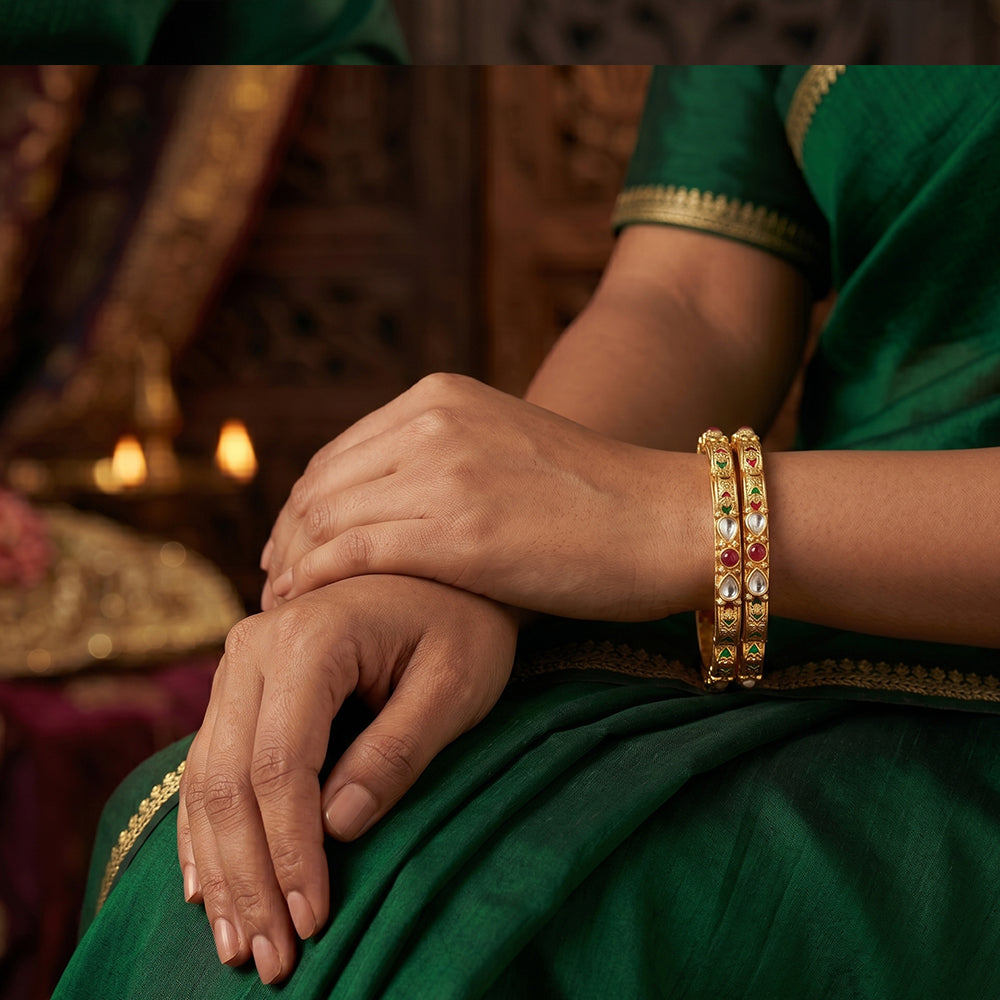 JS Fashion Antique Rajwadi Polish Full Stone Party Wear 4 Bangles Set