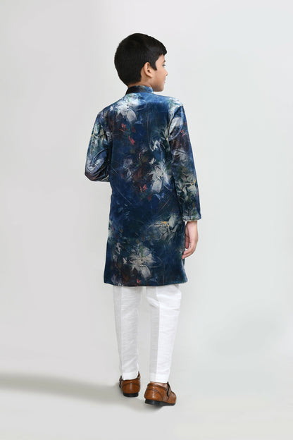 Joban Fashion Velvet Teal Blue Kurta With Straight Fit Pant