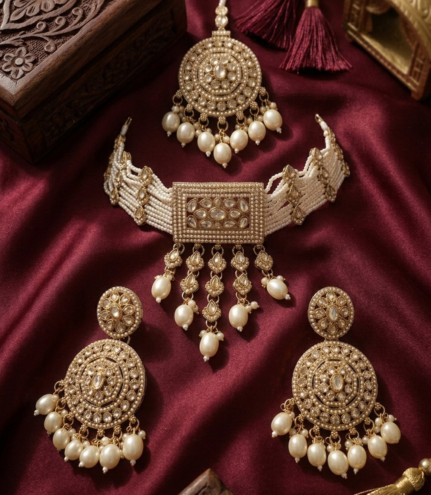 Jewel City Traditional Gold-Plated Pearl Choker Necklace Set with Earrings & Mangtika – Elegant Ethnic Bridal Jewellery