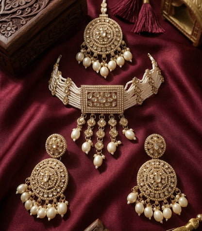Jewel City Traditional Gold-Plated Pearl Choker Necklace Set with Earrings & Mangtika – Elegant Ethnic Bridal Jewellery