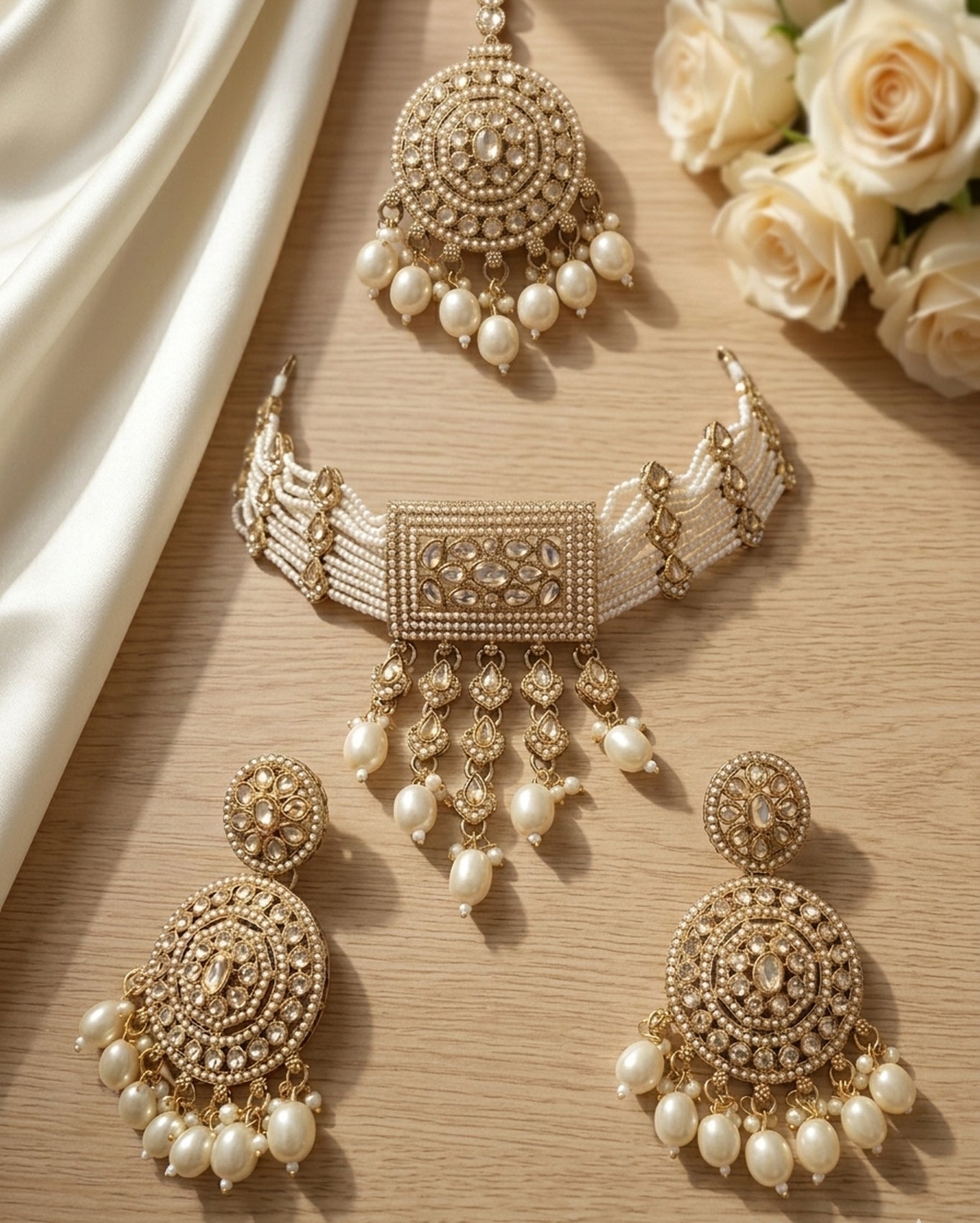 Jewel City Traditional Gold-Plated Pearl Choker Necklace Set with Earrings & Mangtika – Elegant Ethnic Bridal Jewellery