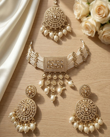 Jewel City Traditional Gold-Plated Pearl Choker Necklace Set with Earrings & Mangtika – Elegant Ethnic Bridal Jewellery