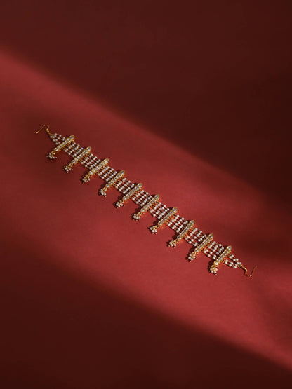 White Gold-Polished Kundan-Studded Beaded Matha Patti - Ruby Raang