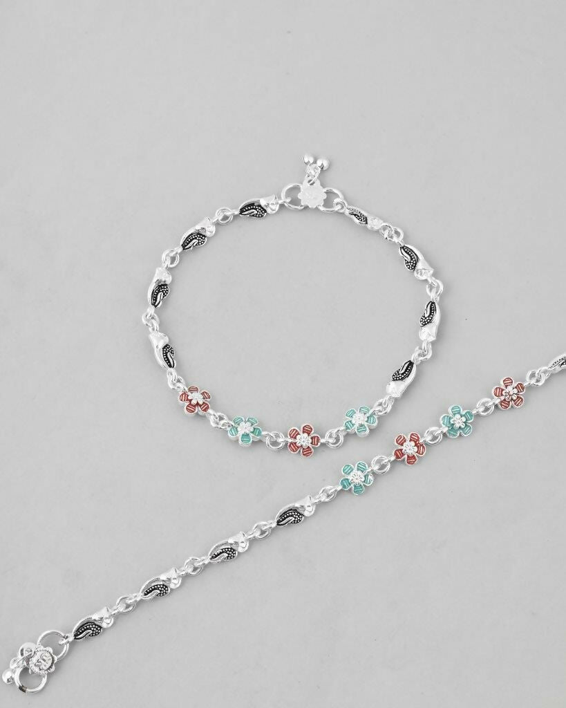 VOJ Set of 2 Stone Studded Mutli Color Flower Shaped Anklet