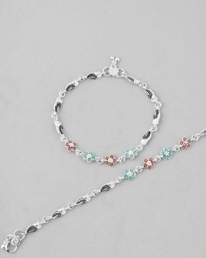 VOJ Set of 2 Stone Studded Mutli Color Flower Shaped Anklet