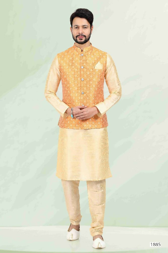 Raivat Ethnic Jacquard Banarasi Silk Woven Work 3 Pics Jacket Set In Mustard Colour