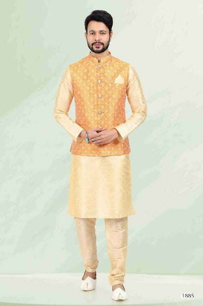 Raivat Ethnic Jacquard Banarasi Silk Woven Work 3 Pics Jacket Set In Mustard Colour