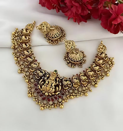 Jewel City Traditional Lakshmi Temple Necklace Set for Women Gold-Tone Bridal Jewelry with Earrings, Ethnic South Indian Choker