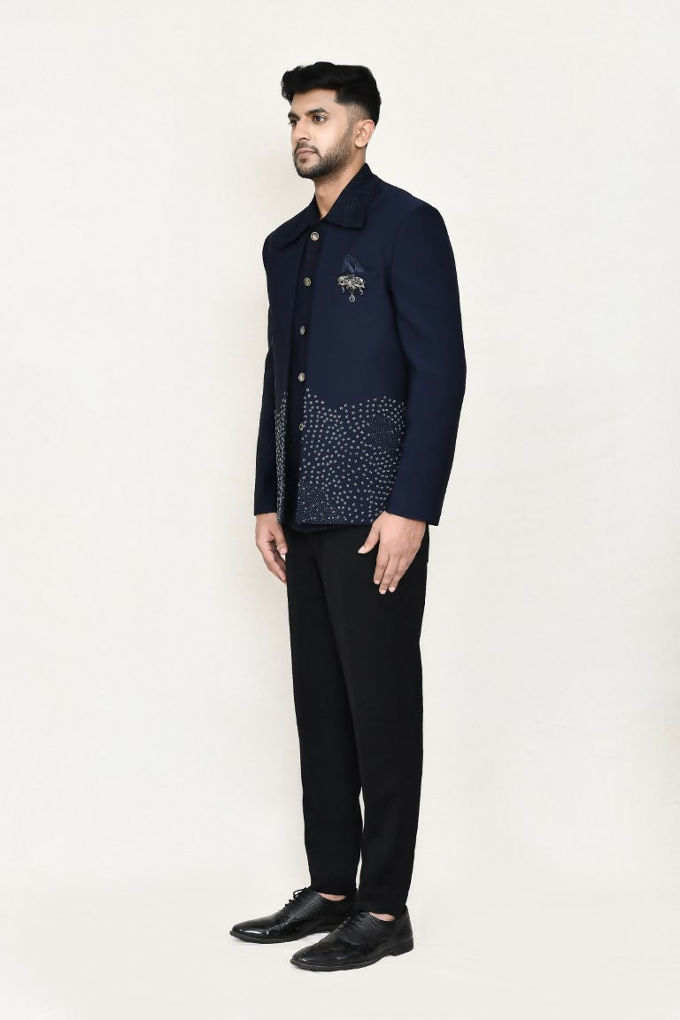 Joban Fashion Blue Colored Terry Rayon Based With Geometry Work Fabric Open Prince Coat, Jacket With Pant