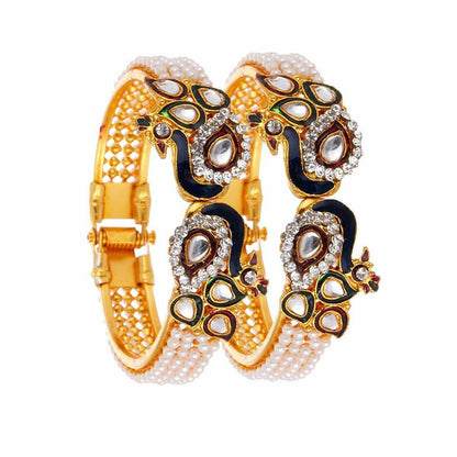 Gold-Polished Alloy Peacock Shape Enamel And Pearl Bangle Set - The Pari