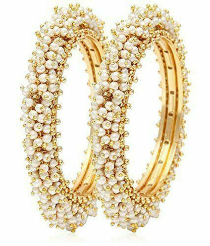 Gold-Polished Alloy Pearl Cluster Bangle Set - The Pari