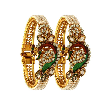 Gold-Polished Alloy Pearl Studded Peacock Enamel Bangle - The Pari