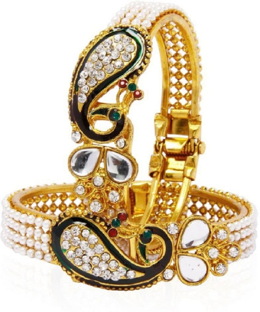 Gold-Polished Alloy Pearl Studded Peacock Enamel Bangle - The Pari