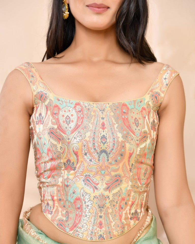 Amodini Designer Studio Kashi Banarsi Corset Style Golden Blouse