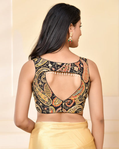 Amodini Designer Studio Paisley Zari Embroidery Black Sleeveless Padded Blouse