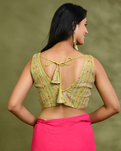 Amodini Designer Studio Lime Green Embroidered Sleeveless Padded Blouse
