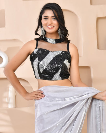 Amodini Designer Studio Silver & Black Cutdana Sequined Band Collar Sleeveless Padded Blouse