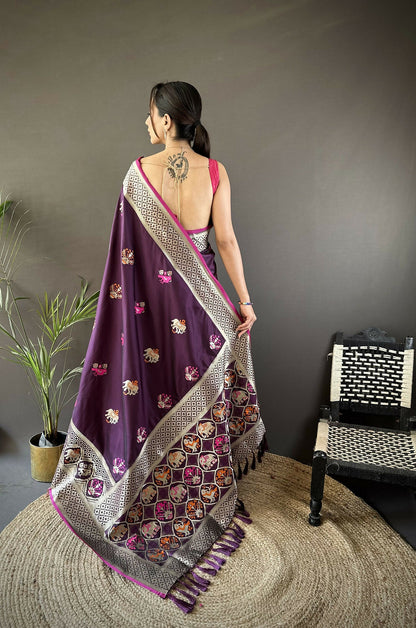 Joban Fashion Wine Elephant & Floral Motifs Soft Lichi Silk Banarasi Saree