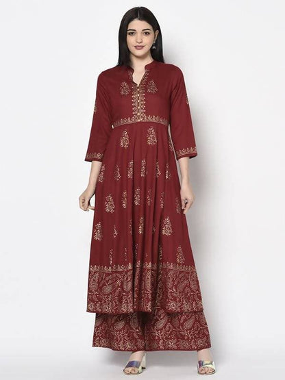 Aniyah Rayon Maroon Color Block Print Flared Slip-On Palazzo (AN-213K)