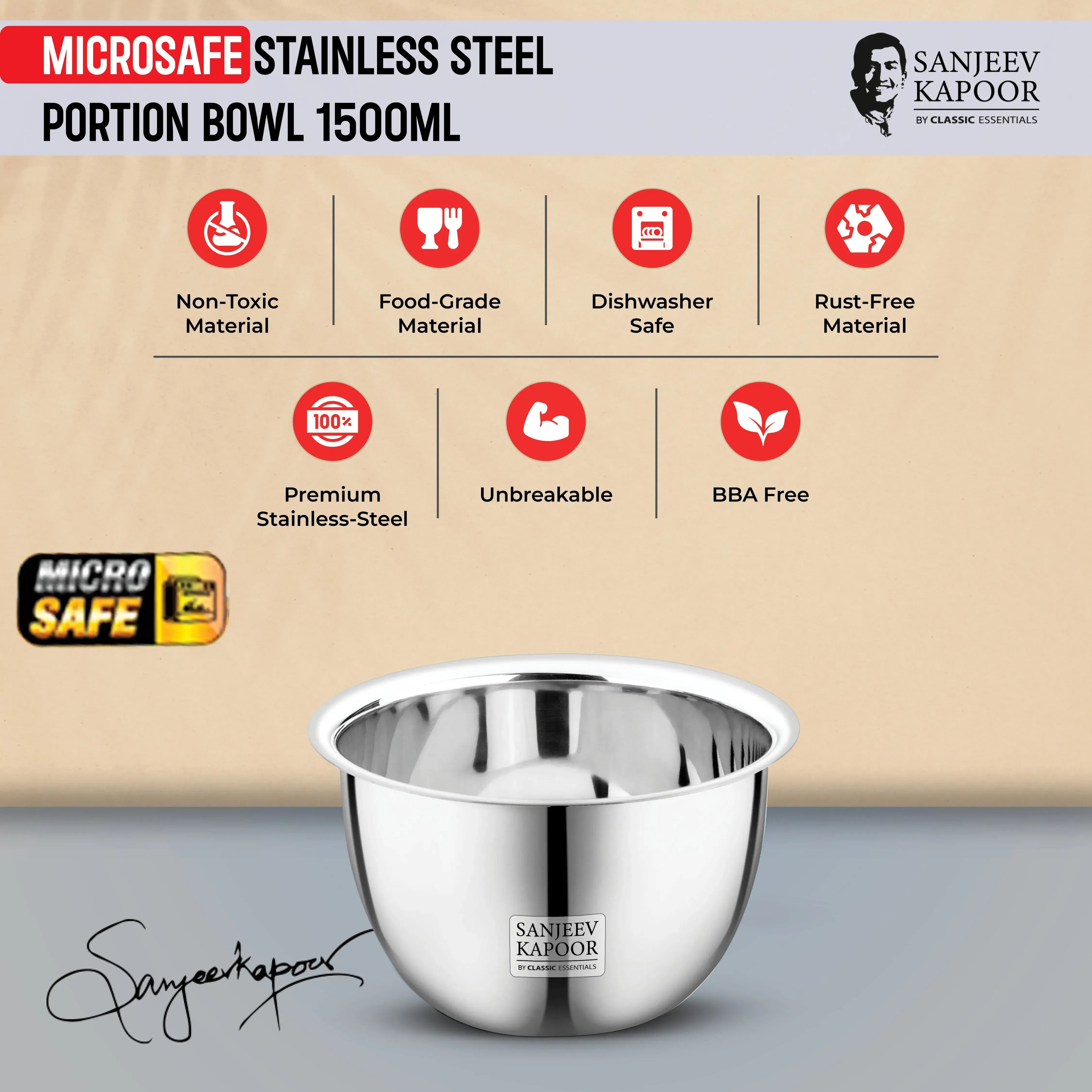 Classic Essentials MICROSAFE Stainless Steel Portion Bowl 1500ml