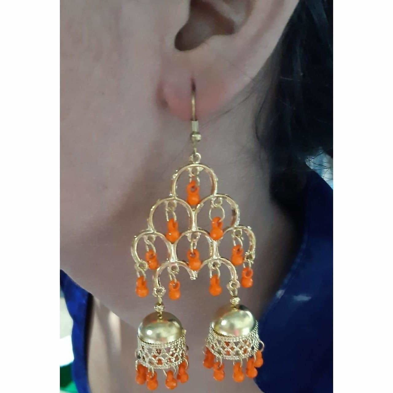 MS Fashion India Gold-Polished Fashion Traditional Double Jhumka Long Orange Pearls Earrings