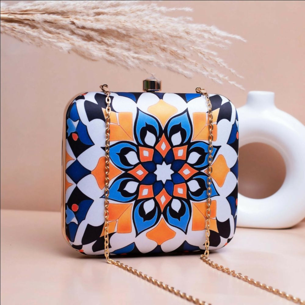 Joban Fashion White Based Mandala Art Printed Clutch - Multicolor