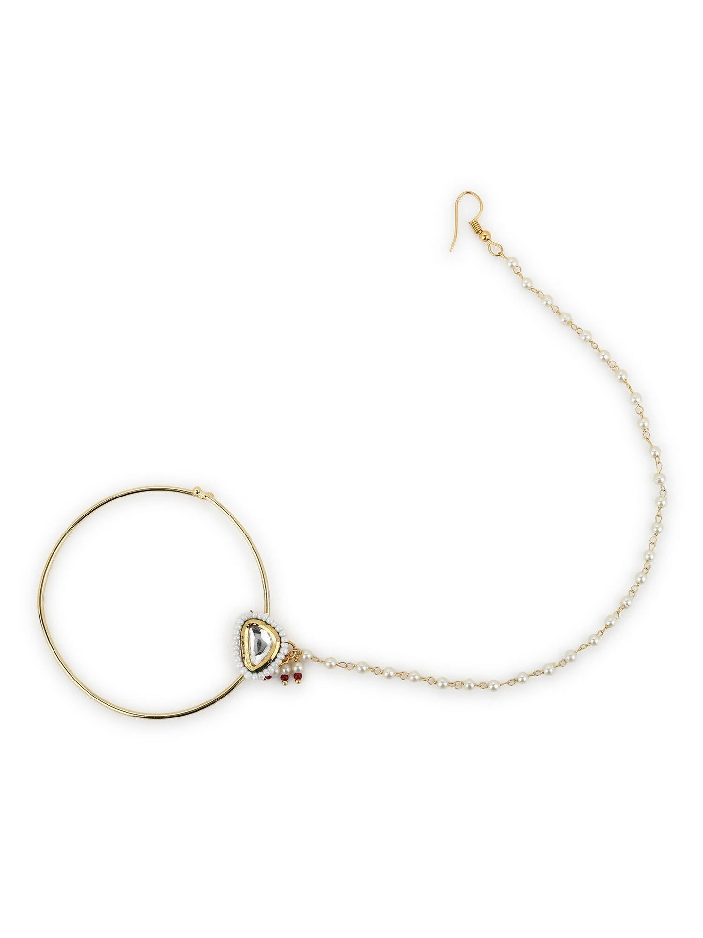 Gold-Polished White Kundan Studded Nose Pin With Beaded Extension - Ruby Raang