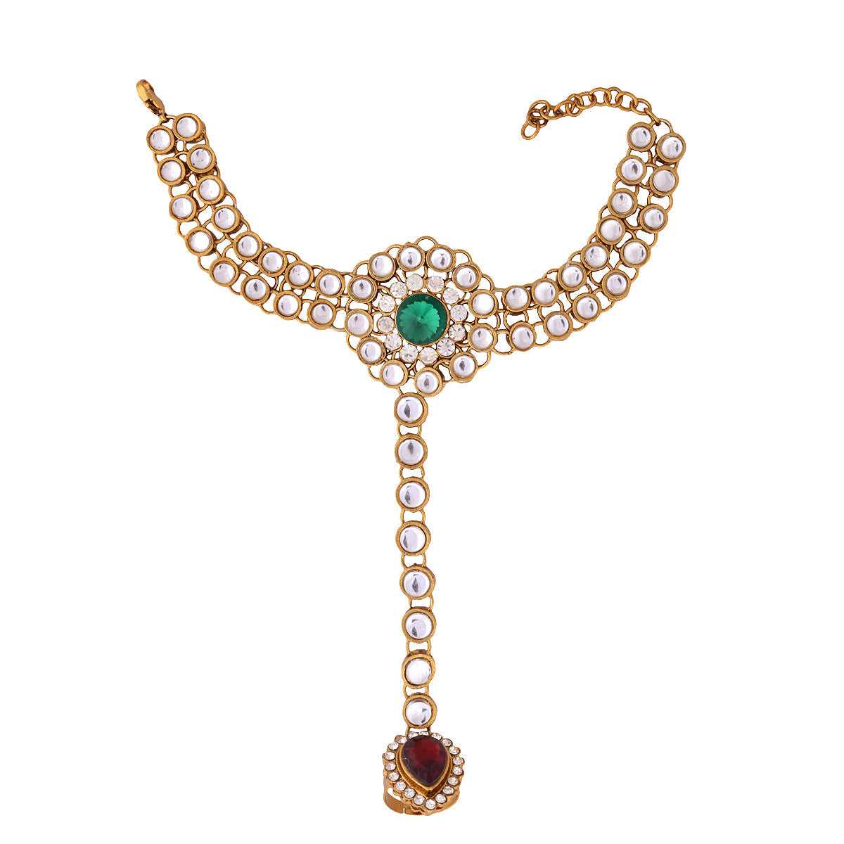 Gold-Polished Alloy Kundan Studded Hand Harness Bracelet - The Pari