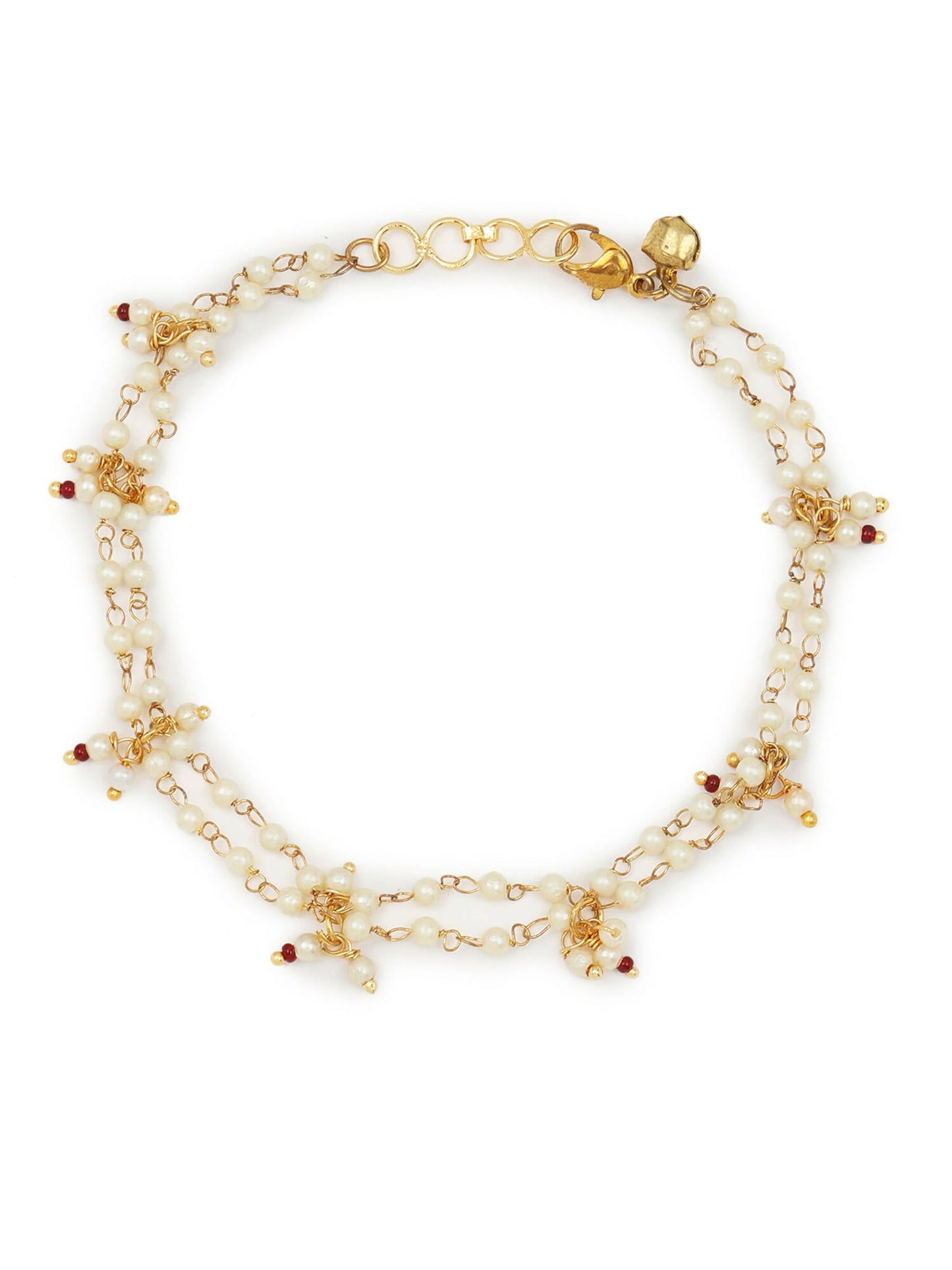 Gold-Polished White Kundan Studded Beaded Anklet - Ruby Raang