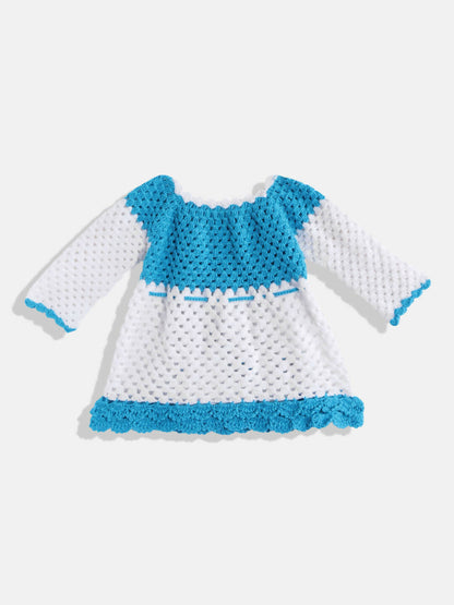 Chutput Kids Woollen Hand Knitted Full Sleeves Rose Work Dress For Baby Girls - White