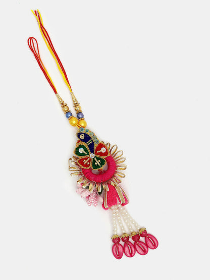 NVR Women & Men Set of 2 Multicolor Thread Work & Beaded Bhaiya Bhabhi Rakhi With Roli Chawal & Chocolate