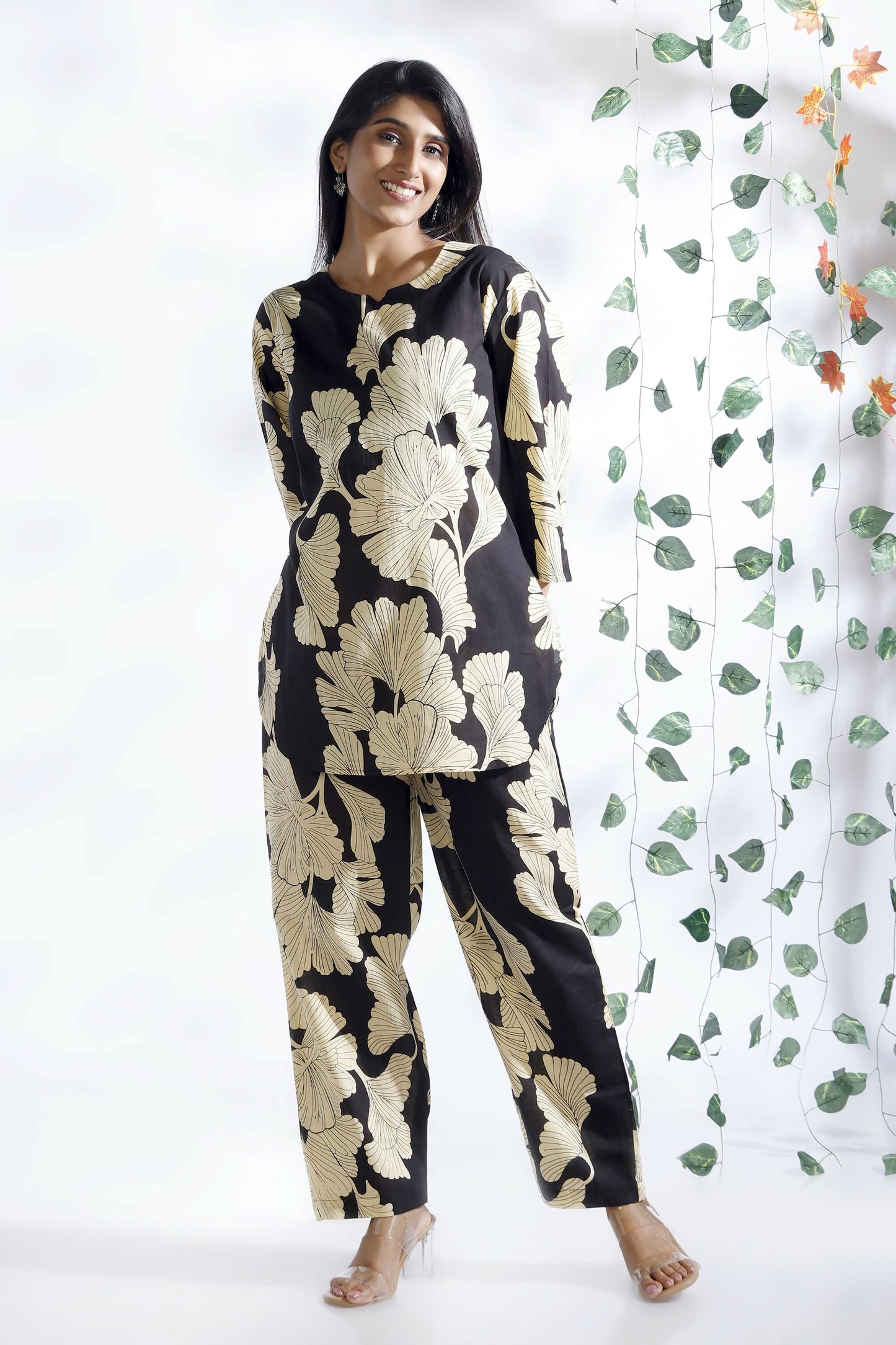 Breathables Black Floral Cotton Kurta & Pant Co-Ord Set