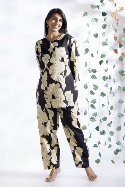 Breathables Black Floral Cotton Kurta & Pant Co-Ord Set