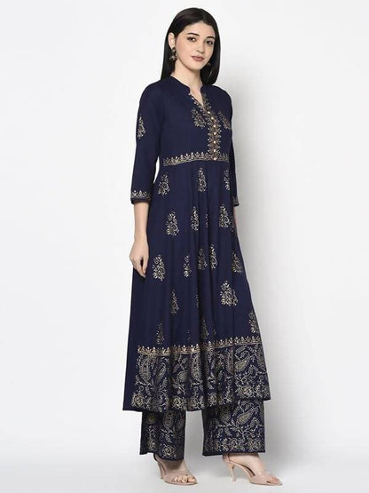 Aniyah Rayon Navy Blue Color Block Print Anarkali Palazzo Set (AN-210K)