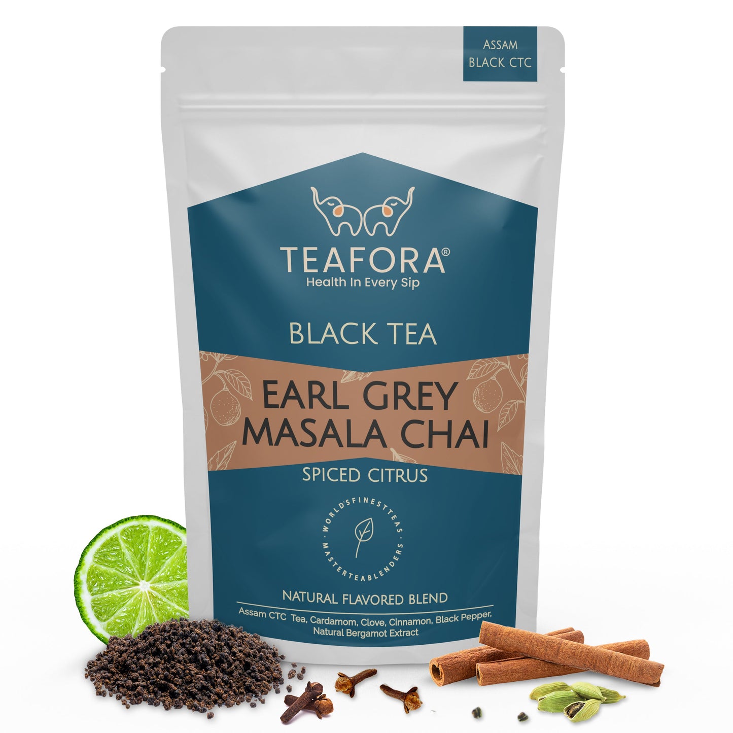 TEAFORA Earl Grey Masala Chai Tea | Spiced Citrus | Blend of Assam CTC, Cardamom, Cinnamon, Black Pepper, Clove, Natural Bergamot Extract | 100% NATURAL