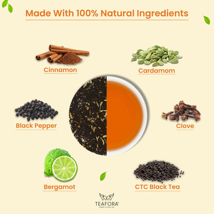 TEAFORA Earl Grey Masala Chai Tea | Spiced Citrus | Blend of Assam CTC, Cardamom, Cinnamon, Black Pepper, Clove, Natural Bergamot Extract | 100% NATURAL