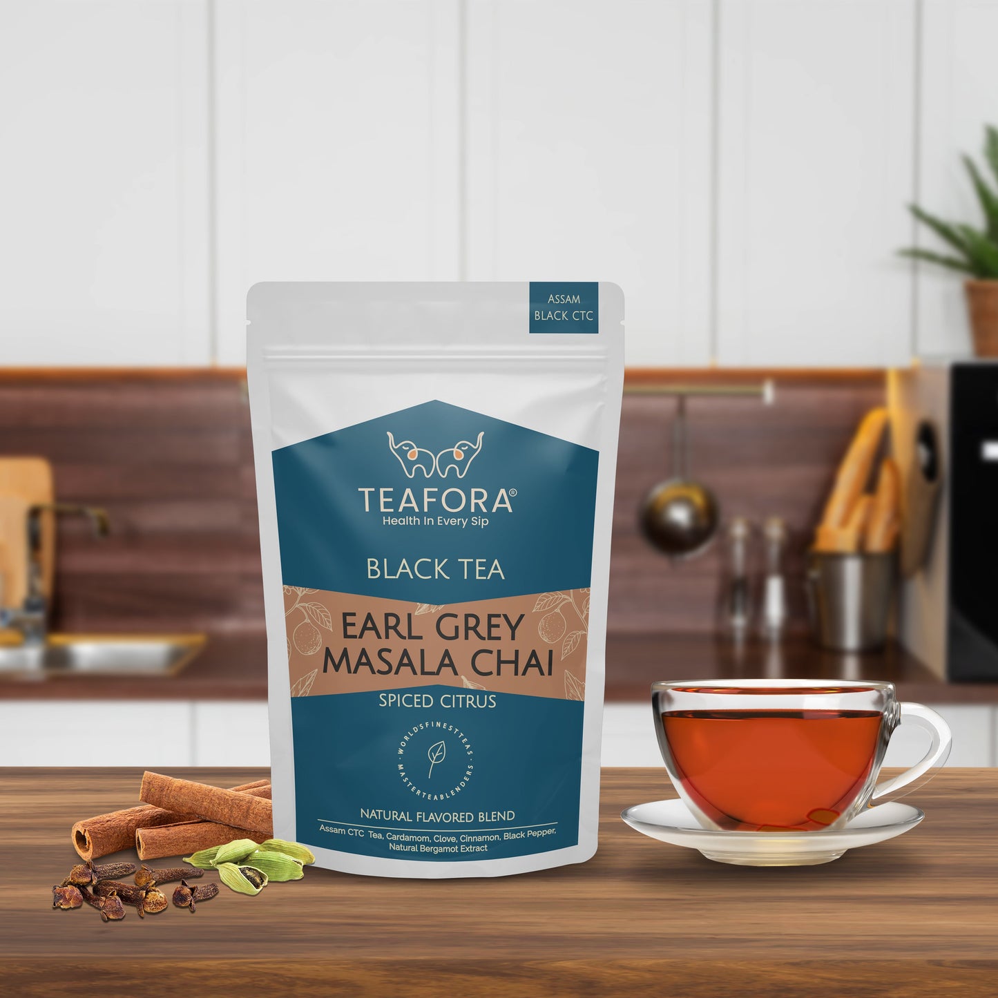 TEAFORA Earl Grey Masala Chai Tea | Spiced Citrus | Blend of Assam CTC, Cardamom, Cinnamon, Black Pepper, Clove, Natural Bergamot Extract | 100% NATURAL