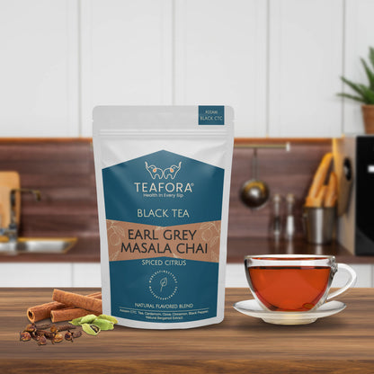TEAFORA Earl Grey Masala Chai Tea | Spiced Citrus | Blend of Assam CTC, Cardamom, Cinnamon, Black Pepper, Clove, Natural Bergamot Extract | 100% NATURAL
